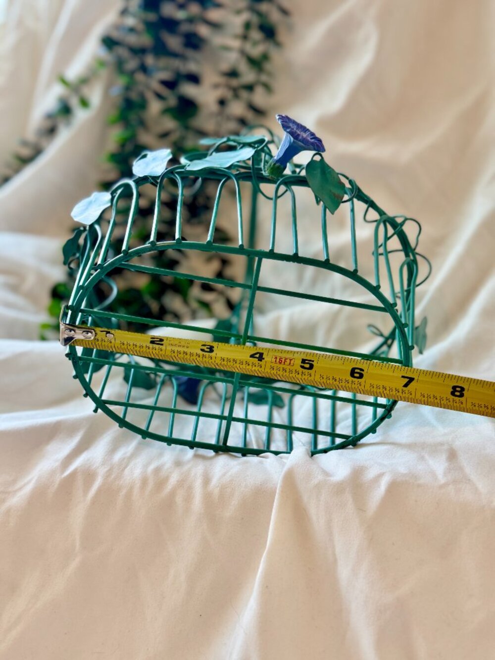 Vintage Teal Green Wire Basket Morning Glory Purple Floral Vine Handle Decor - Picture 5 of 7